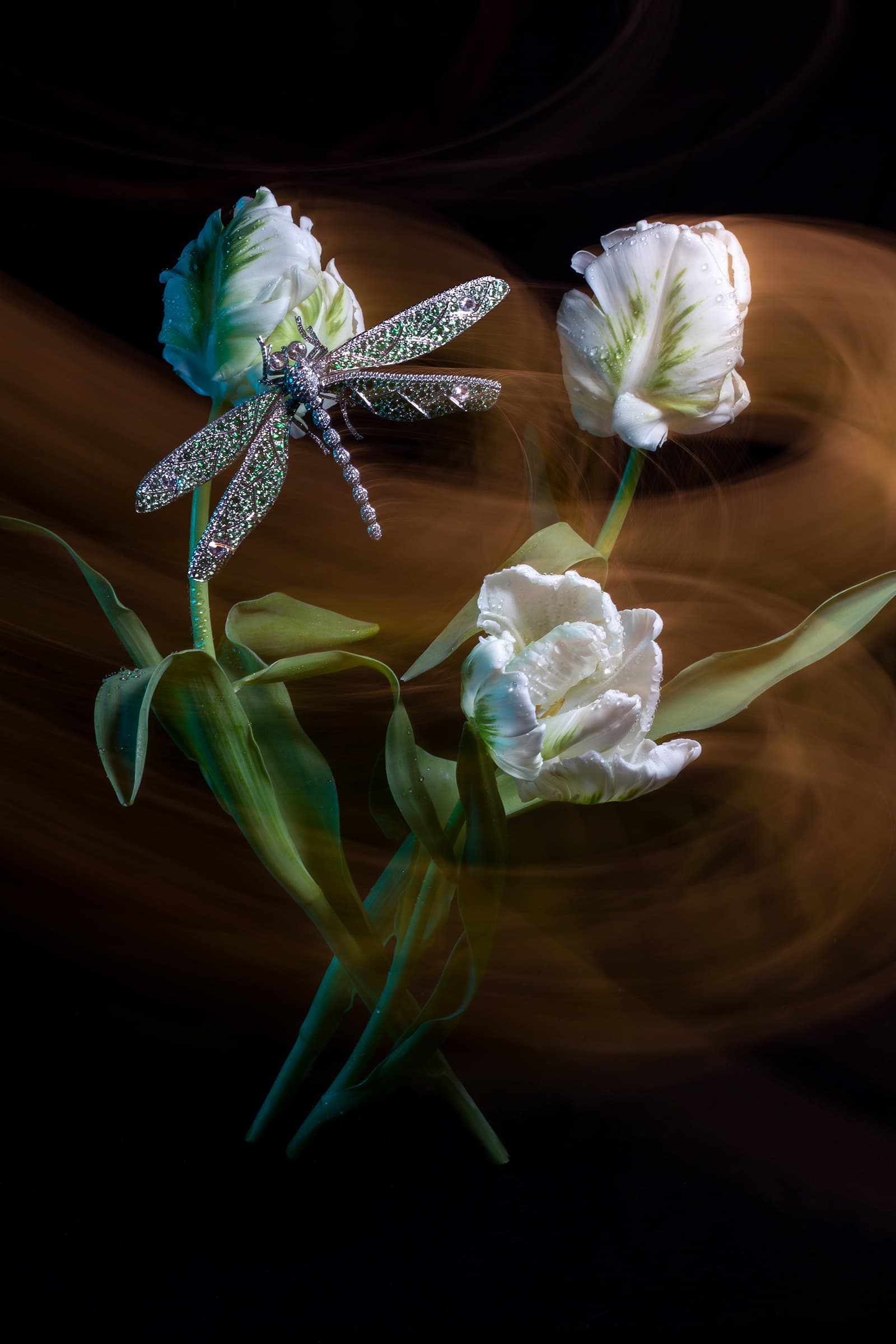 Sillam dragonfly brooch set en tremblant with emeralds and diamonds in platinum.