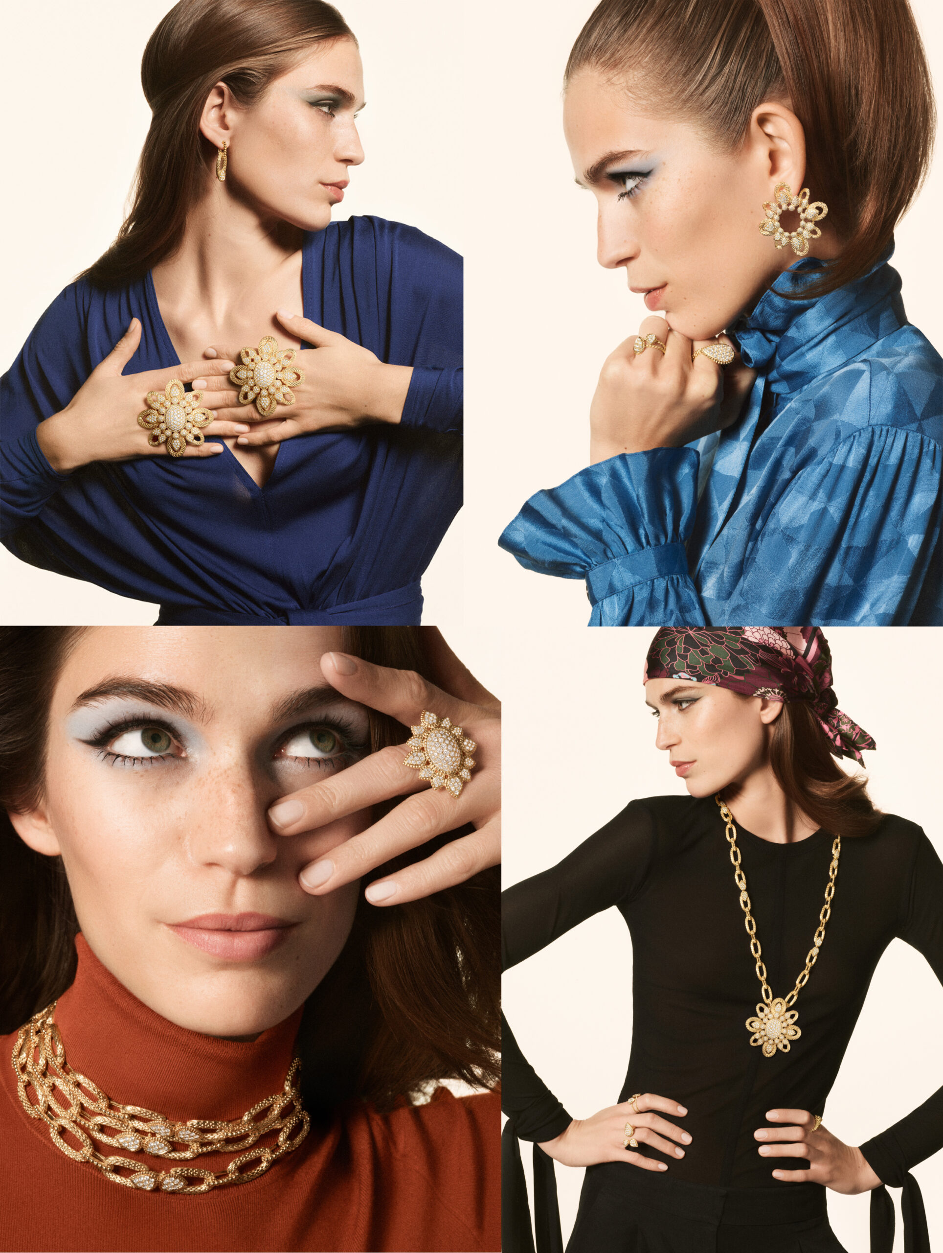 Models wearing Serpent Bohème vintage jewels in Boucheron’s campaign that channels the flamboyant spirit of the 1970s