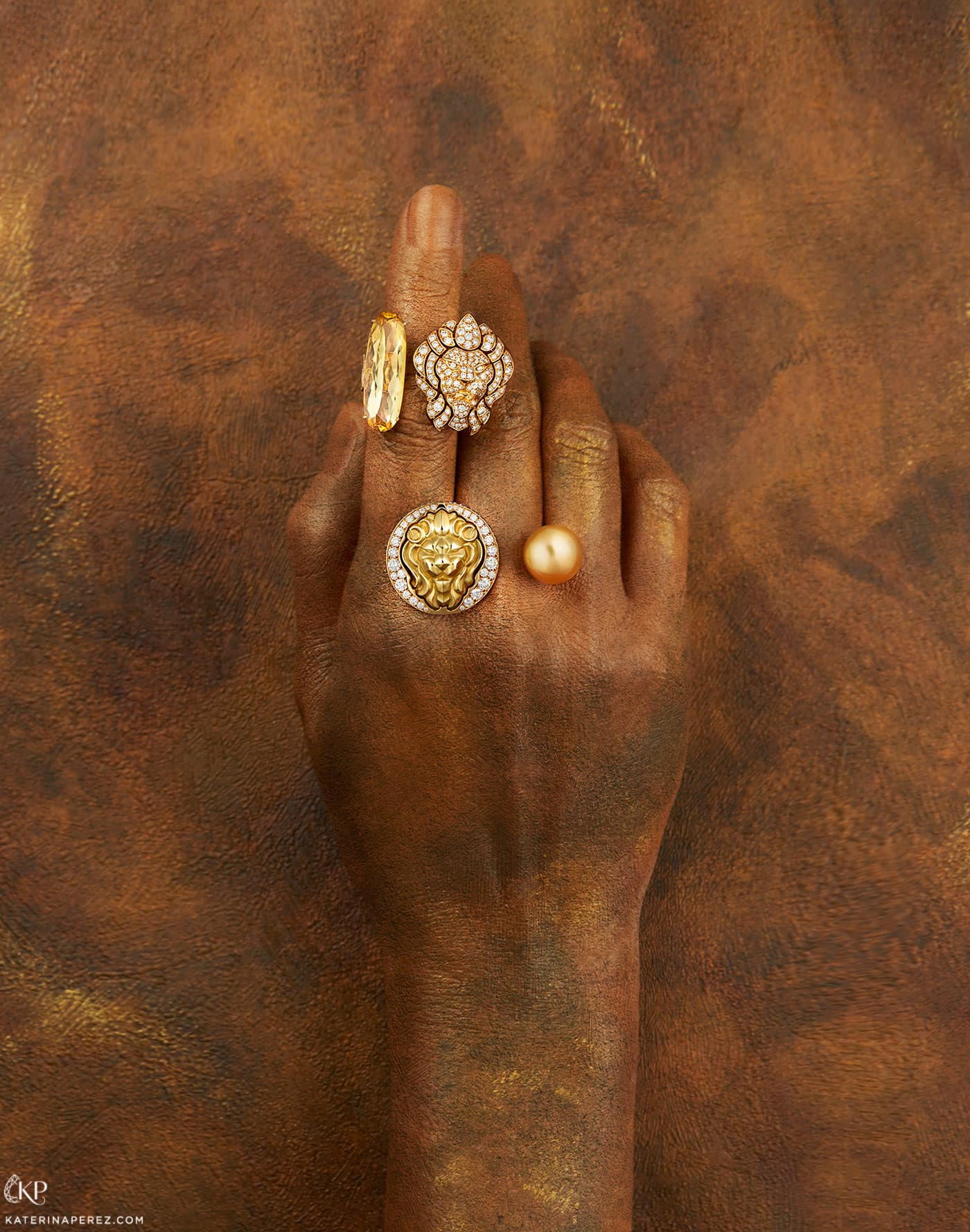 Chanel 'L'Esprit du Lion' ring with oval yellow beryl and diamonds paire with 'Sous le Signe du Lion' ring with a South Sea pearl and diamonds