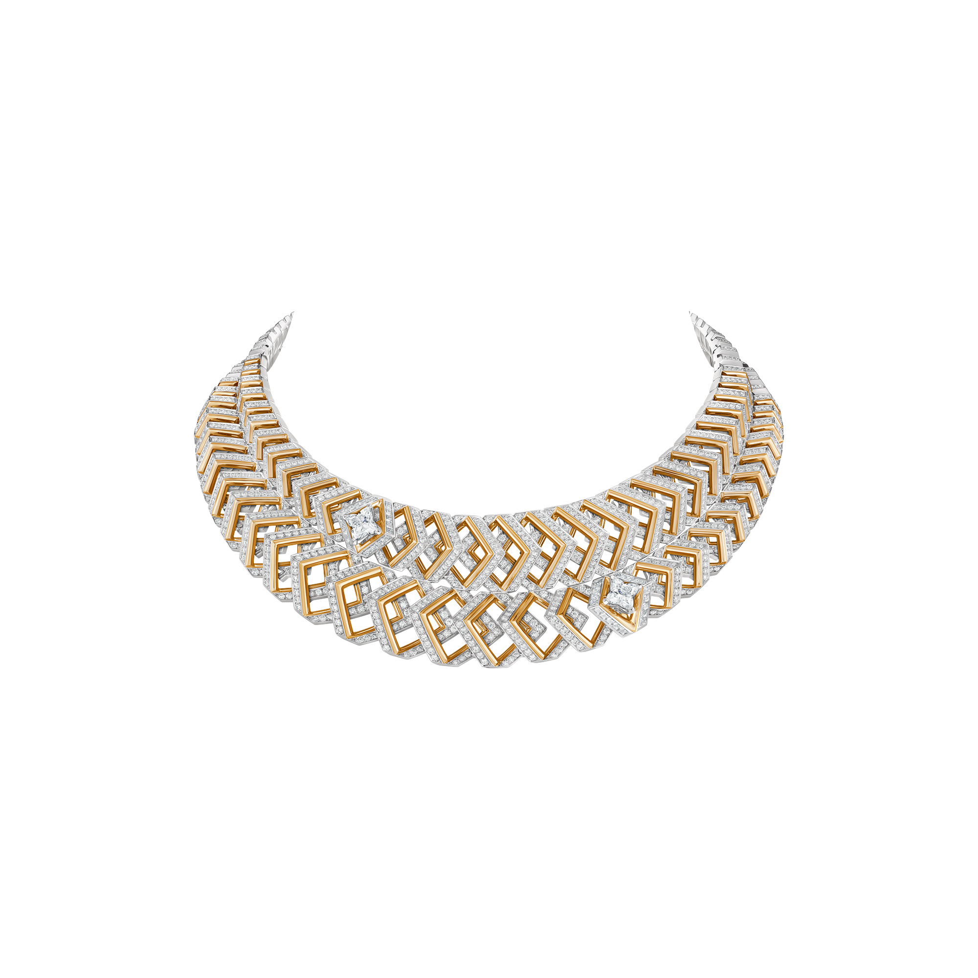 Louis Vuitton Dynamisme necklace in platinum and yellow gold with LV Monogram Star-cut diamonds from Chapter II of the Awakened Hands, Awakened Minds High Jewellery collection