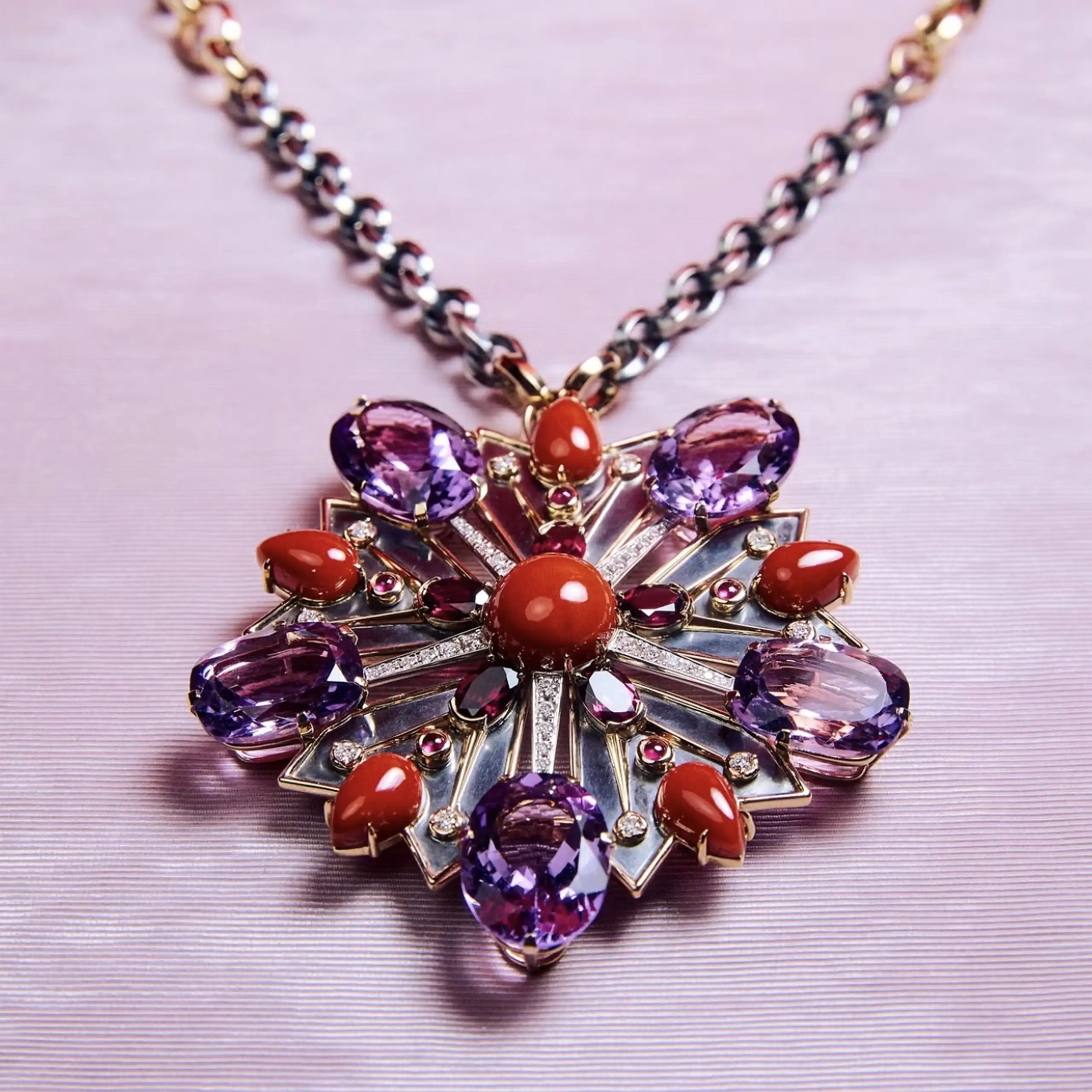 Layers of patinated silver and yellow gold radiate outwards beneath coral, amethyst, garnets, rubies and diamonds