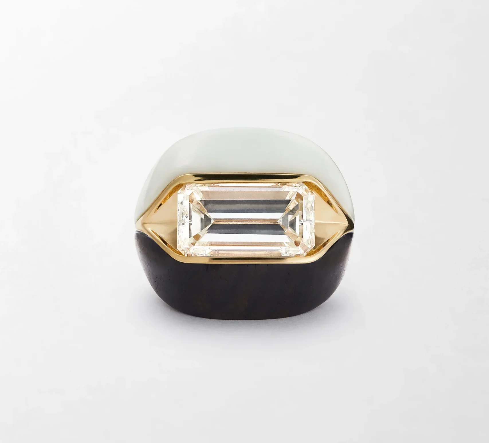 18k yellow gold with elongated emerald-cut diamond totalling 6.99 carats and hand-carved white opal and ebony