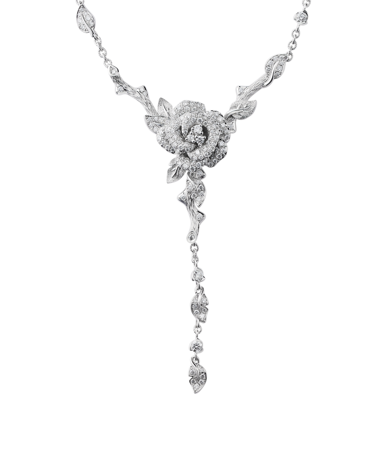 Rose Dior Bagatelle necklace in white gold and diamonds, inspired by the climbing rose