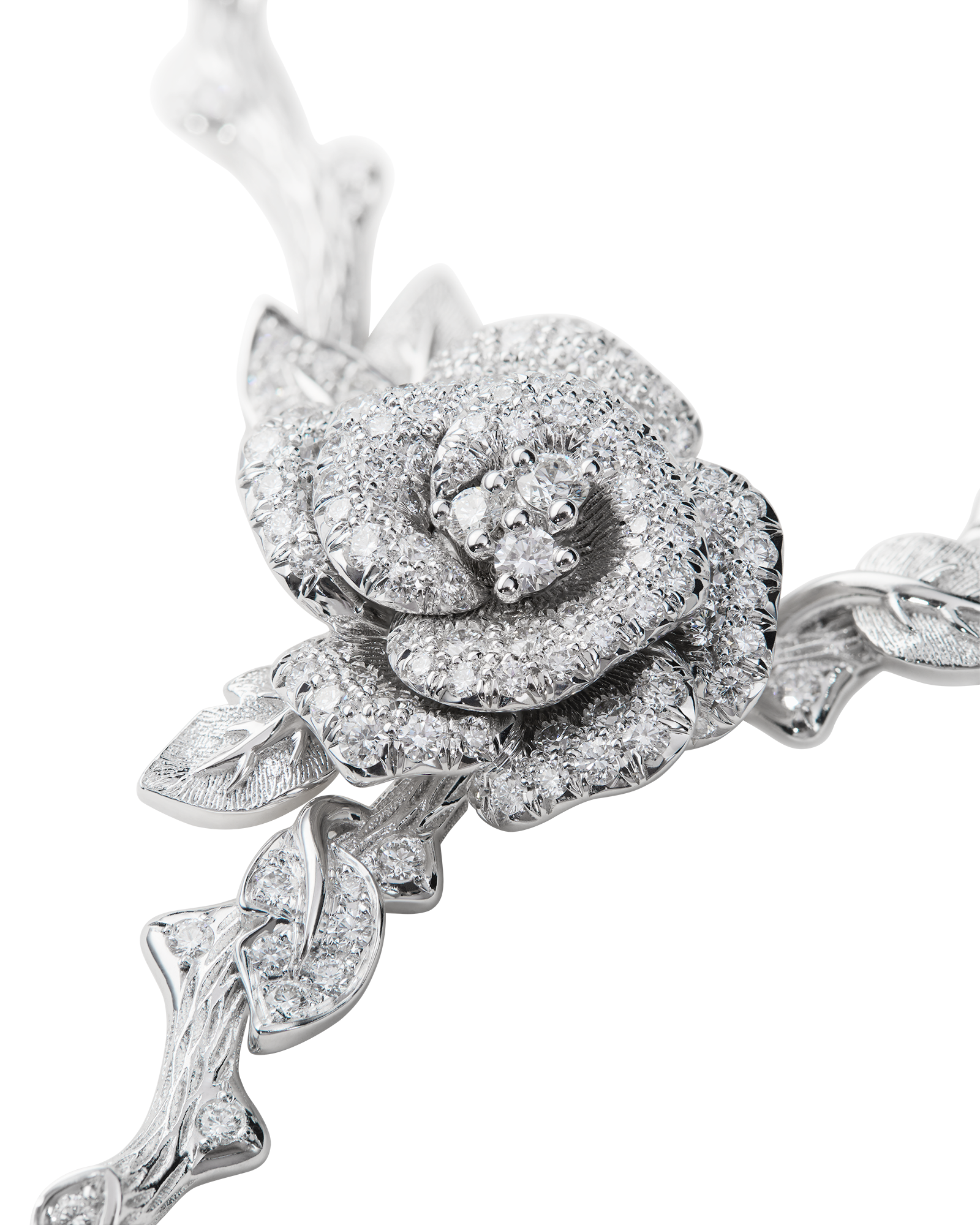 Layered petals and pavé diamonds give the new Rose Dior Bagatelle necklace its sculptural floral form