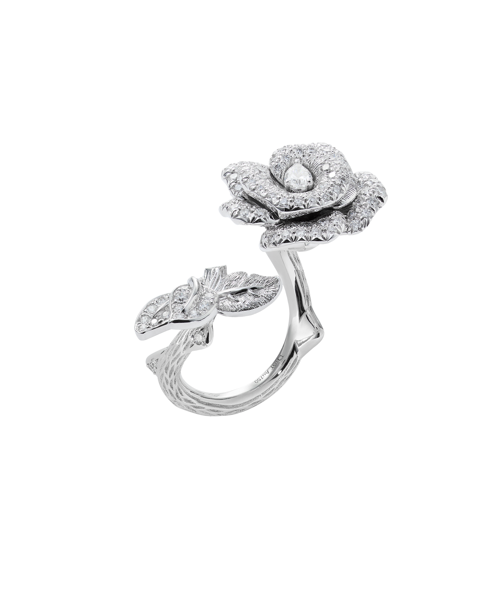 Rose Dior Bagatelle open ring in white gold and diamonds, reworking the rose through overlapping petals