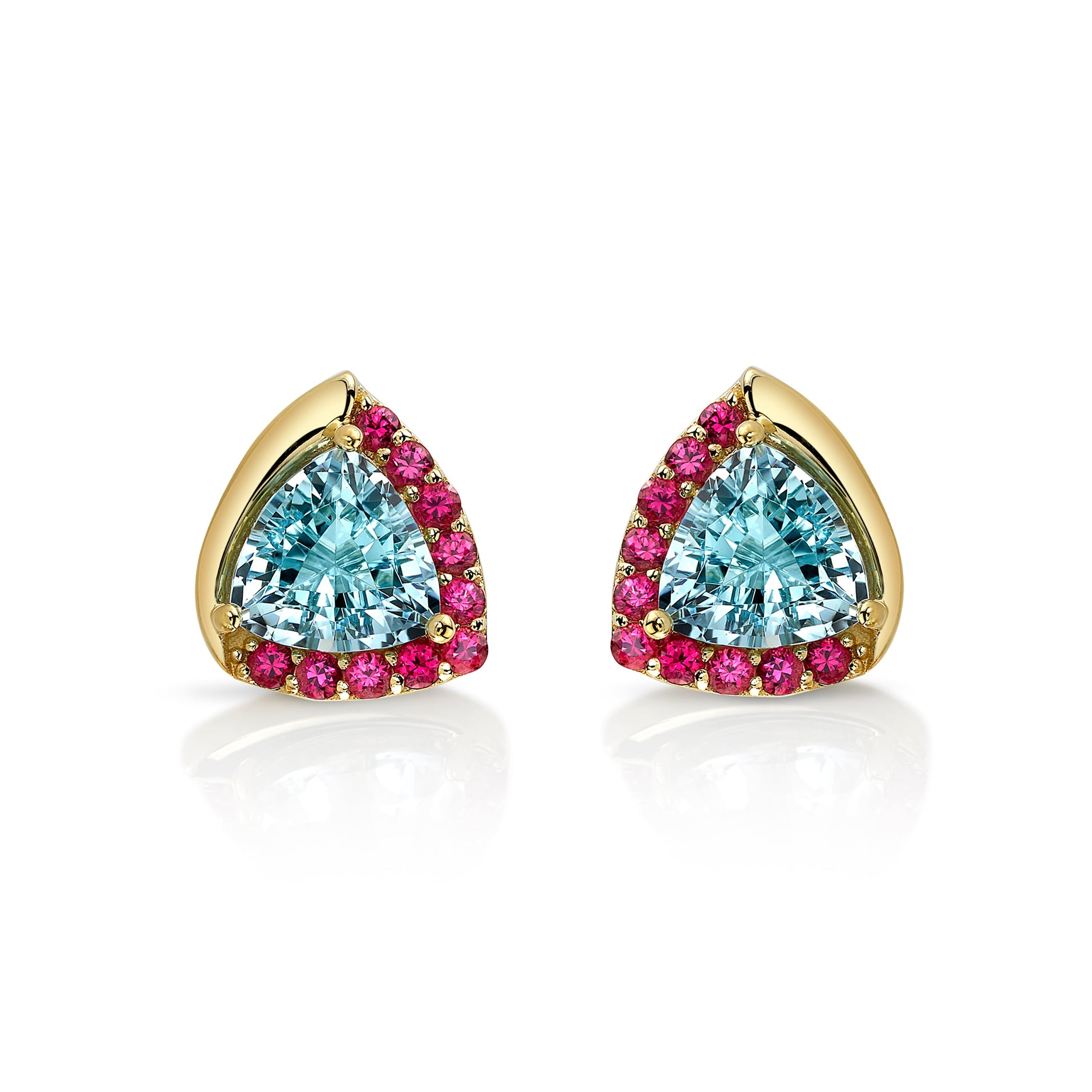 Laura Gallon Joaillerie Helena earrings with 2.21 carats of Madagascan aquamarines and Burmese ‘Jedi’ spinels in 18k yellow gold 