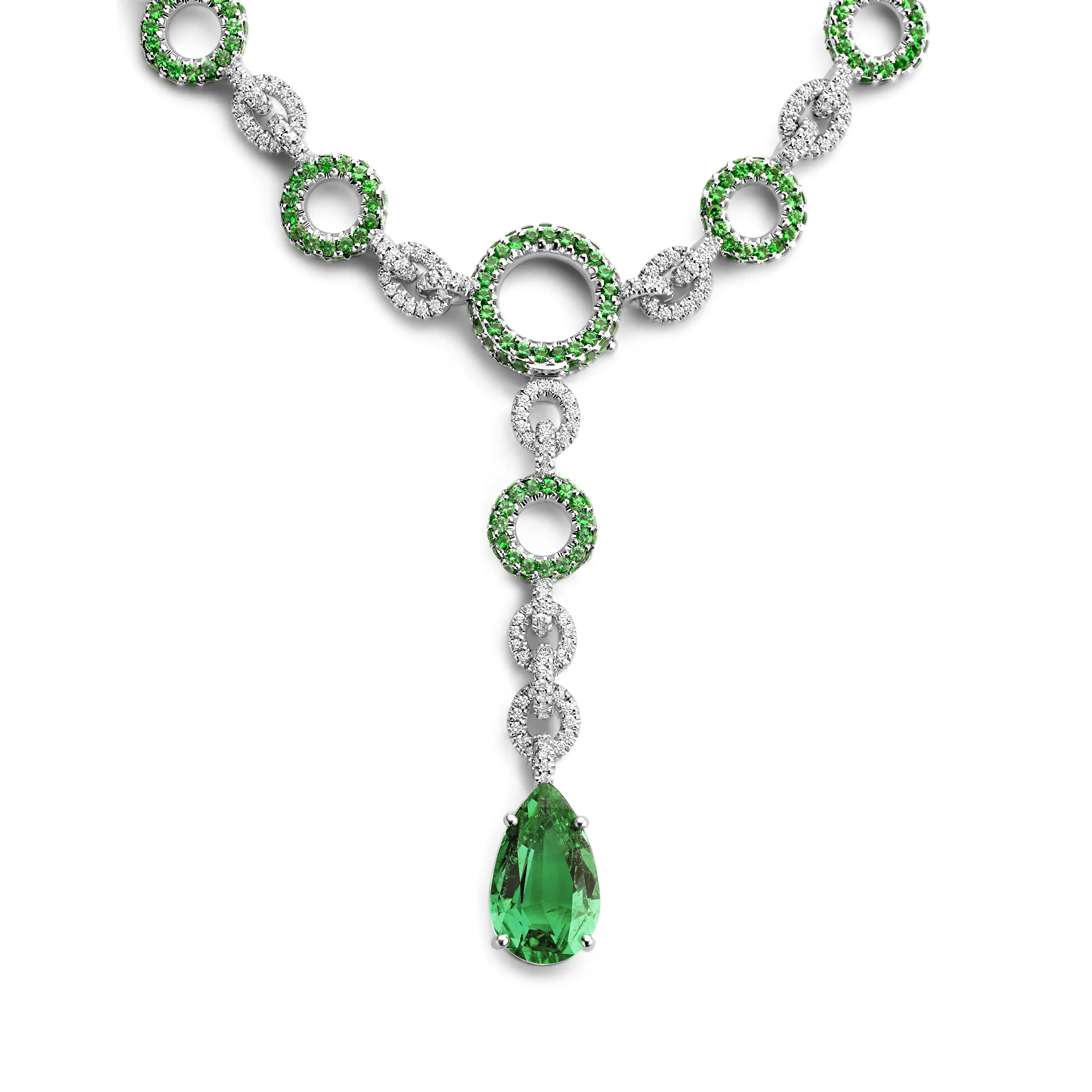 A detachable emerald pendant transforms Orbita from a close-fitting necklace into a longer silhouette
