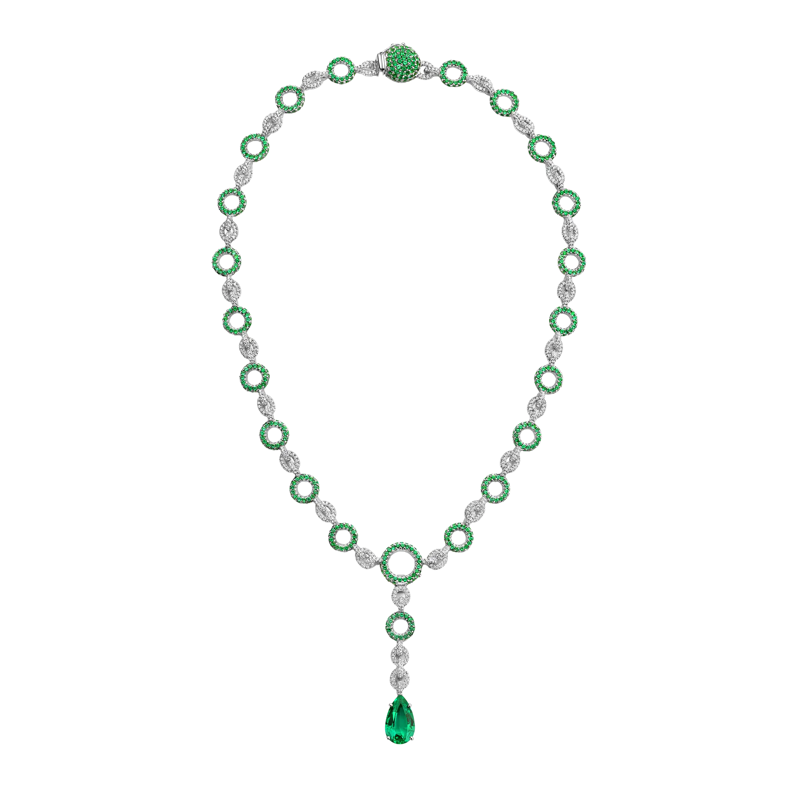Natasha d’Arenberg’s Orbita necklace centres on a 3.70-carat pear-shaped Zambian emerald, set in platinum with hundreds of additional emeralds and diamonds