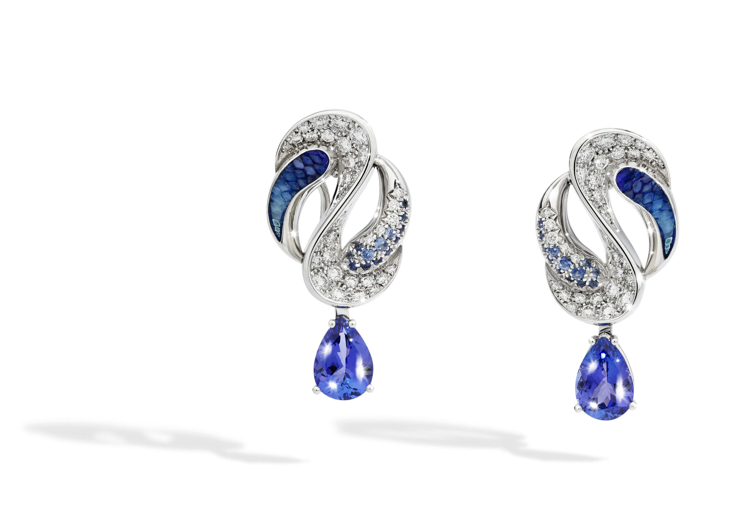 SICIS Icon earrings with pear-shaped tanzanite drops, blue sapphires, diamonds and blue micromosaics in white gold 