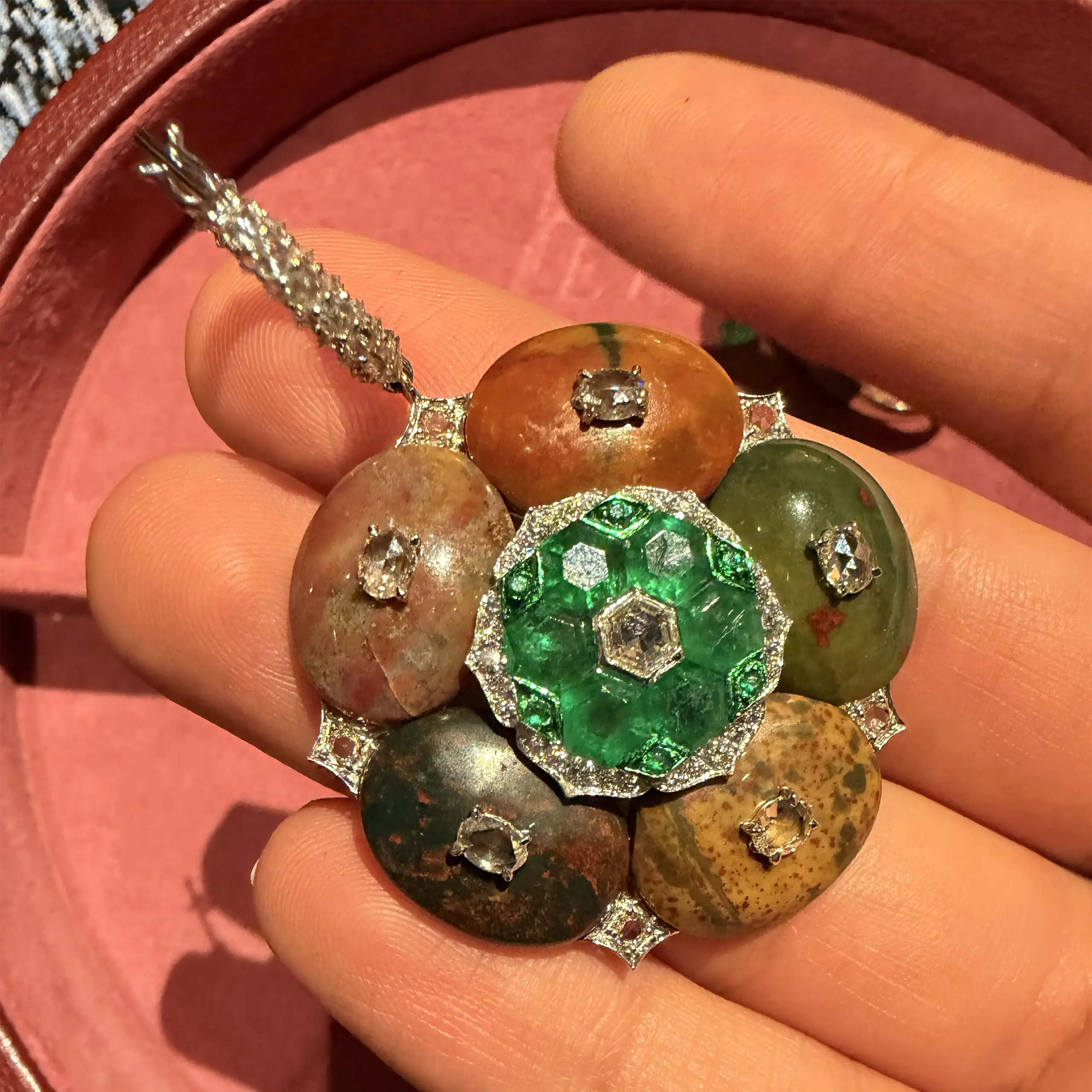 Rosace earrings with blood agate, emeralds and rose-cut diamonds by VAK Jewels