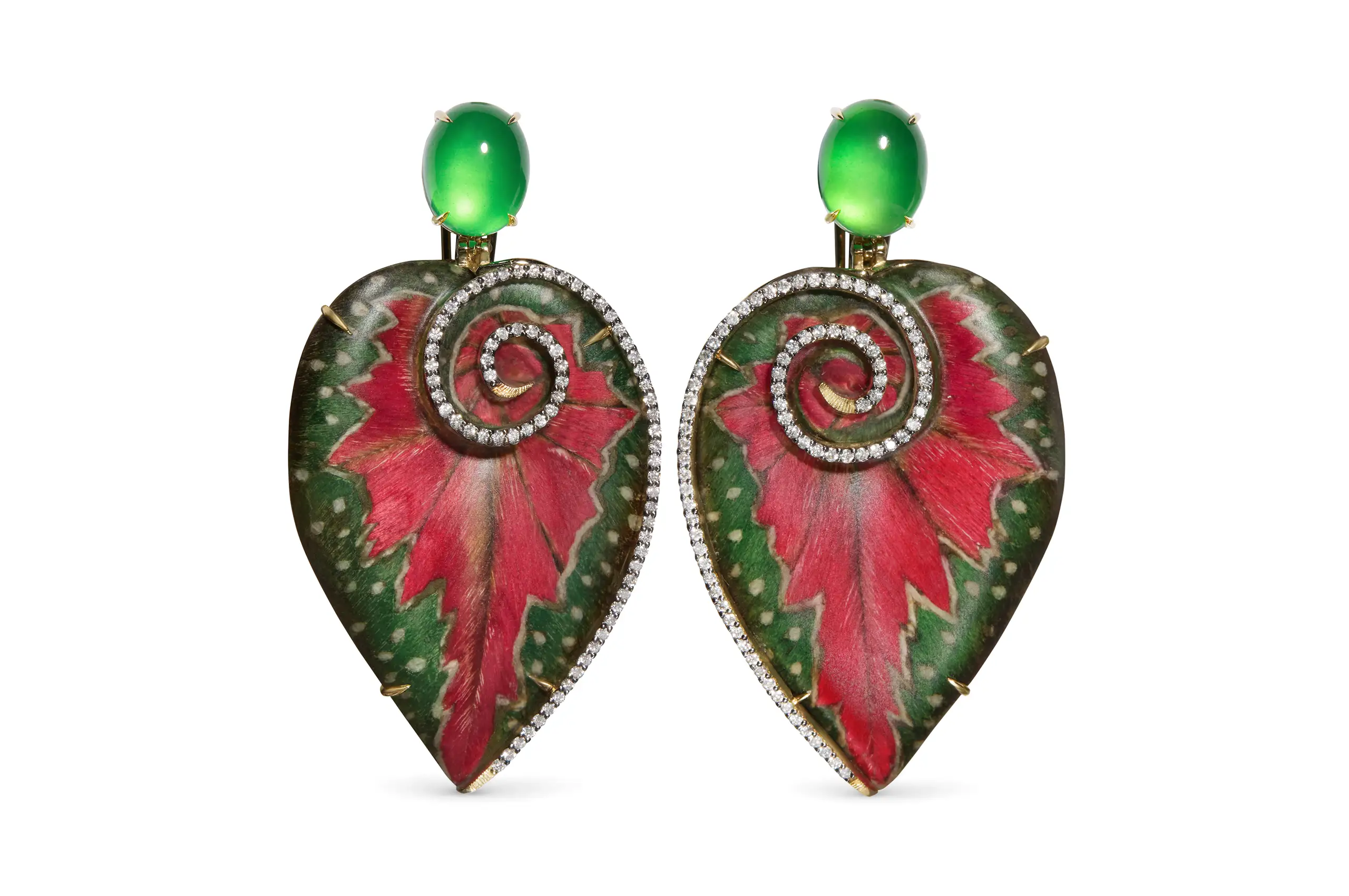 Silvia Furmanovich for Asprey Begonia Leaf earrings in 18ct yellow gold, with begonia leaf marquetry, green jadeite and diamonds