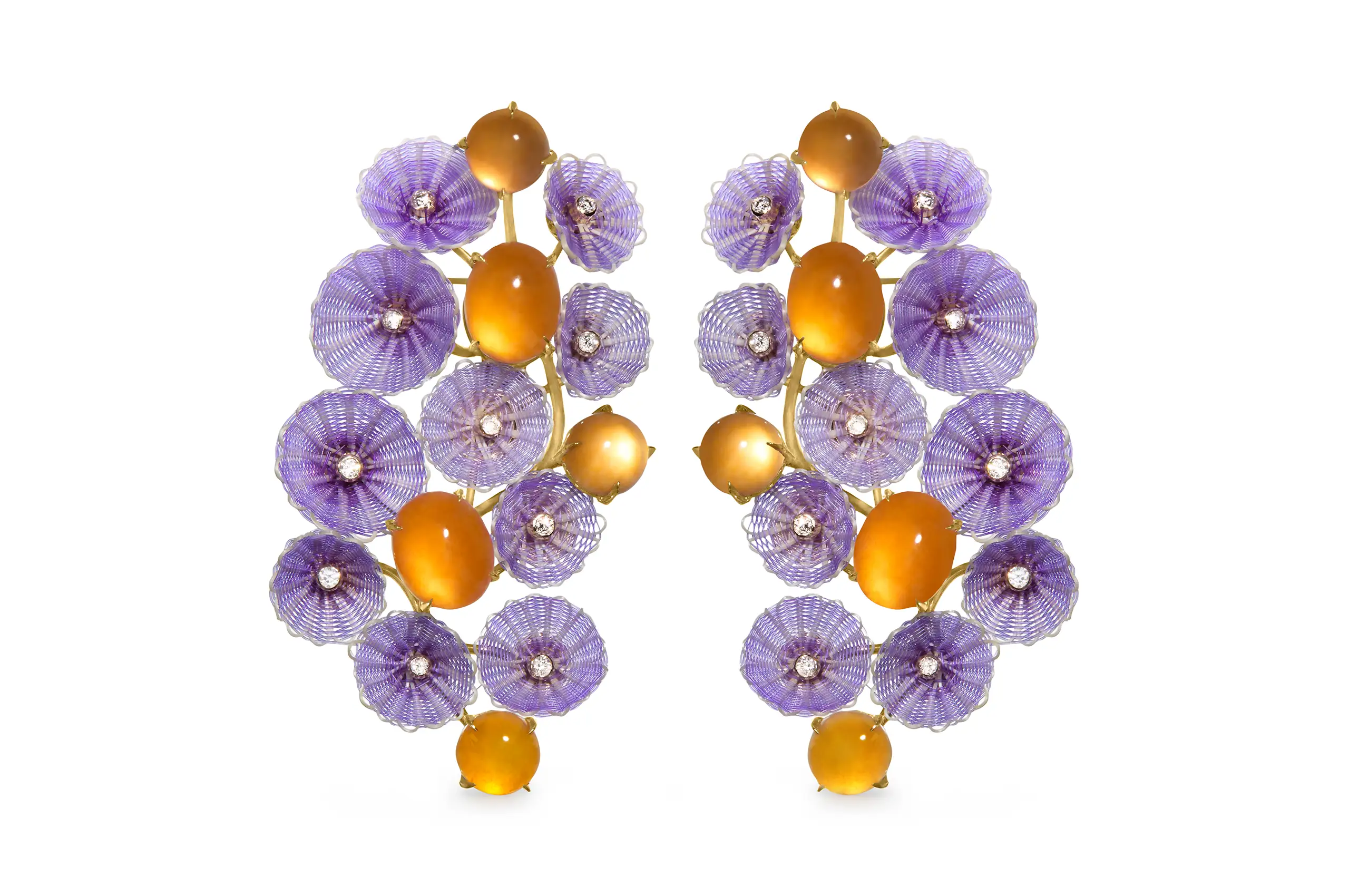 Silvia Furmanovich for Asprey Cascade earrings in 18ct yellow gold, with woven horse-mane micro-flowers, orange jadeite and diamonds