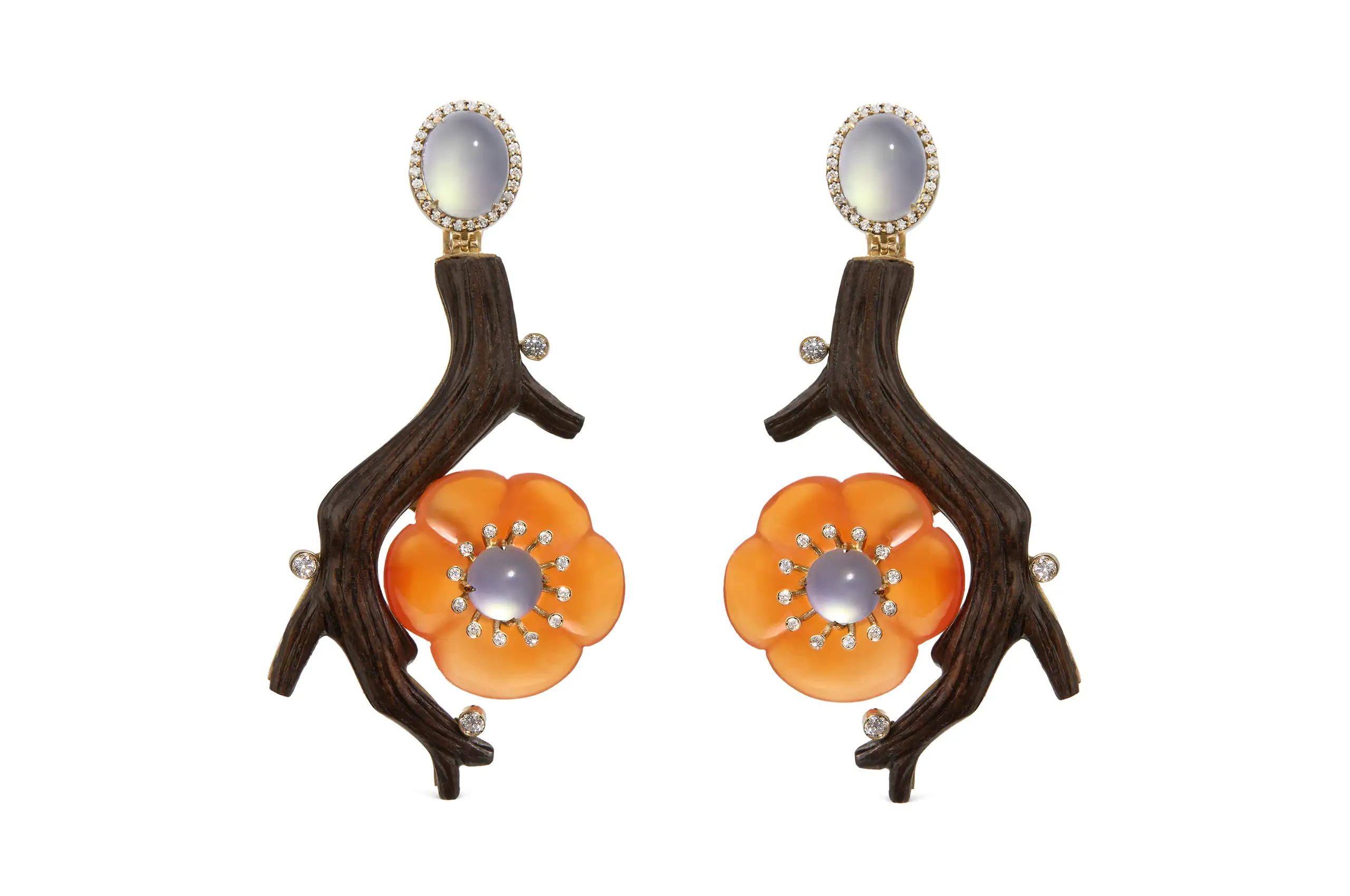 Silvia Furmanovich for Asprey Cherry Blossom earrings in 18ct yellow gold, with carved braúna wood, agate, red and white jadeite and diamonds