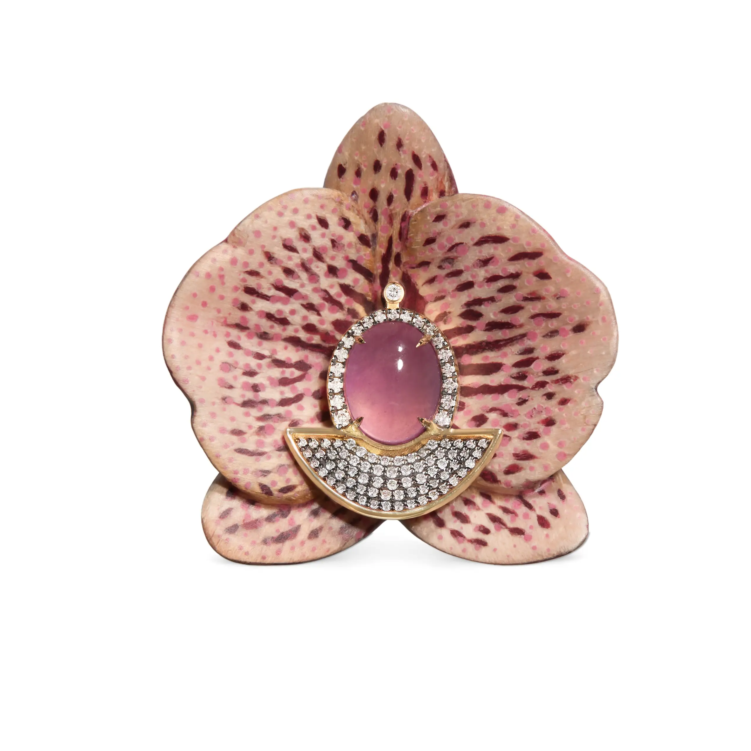 Silvia Furmanovich for Asprey Wild Orchid marquetry earrings in 18ct yellow gold with jadeite and diamonds