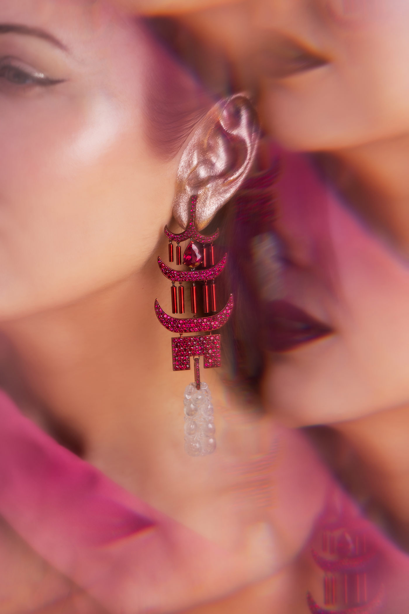 Lydia Courteille Pagoda earrings in 18k gold and titanium with 452 rubies of 14.95 carats, two rubellites and two jades.