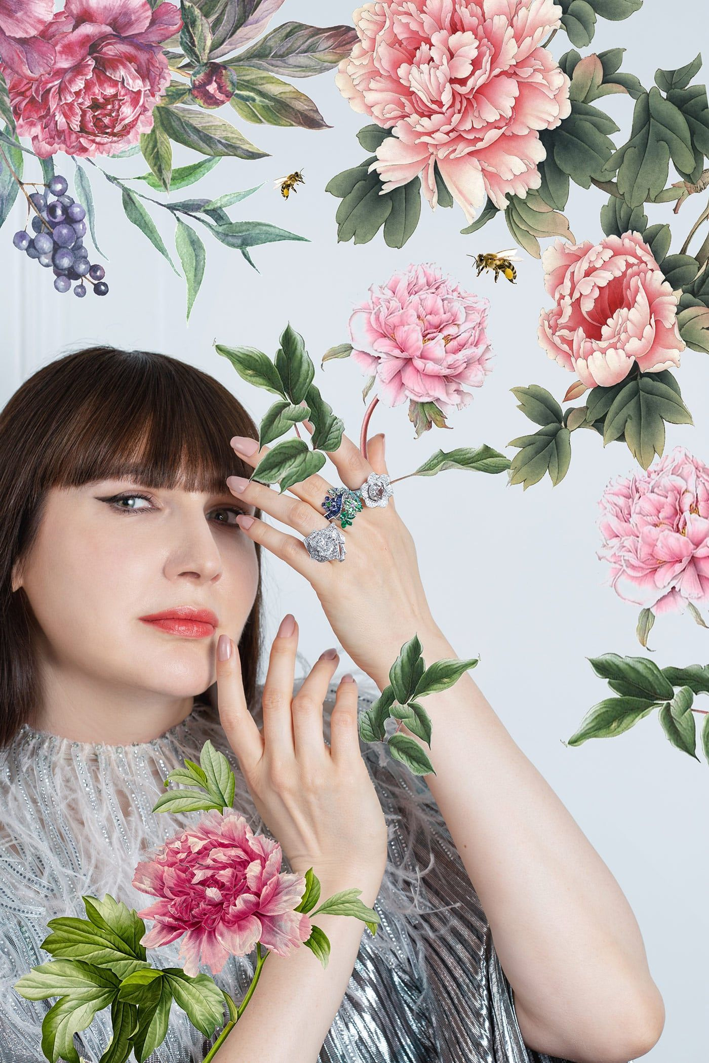 From left to right: Diamond rose ring by Dior, Sapphire and emerald ring by Dior, diamond ring by Isabelle Langlois