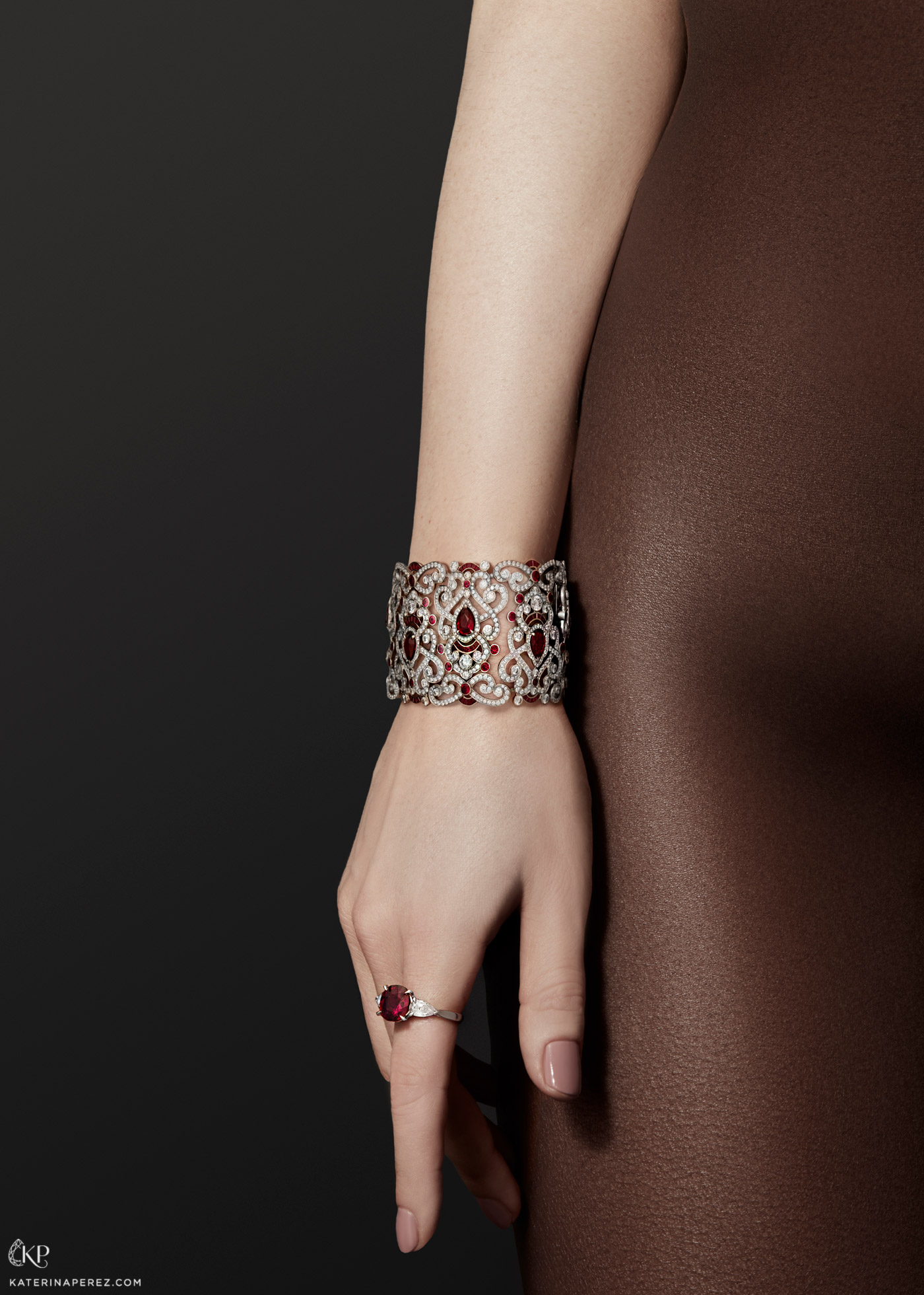 Fabergé ‘Regalia’ bracelet from the ‘Imperiale’ collection with round, pear cut cut Mozambique rubies and 22.20ct diamonds in platinum Fabergé trilogy ring from ‘The Three Colours of Love’ collection, with cushion cut 3.00ct ruby and diamonds set in platinum