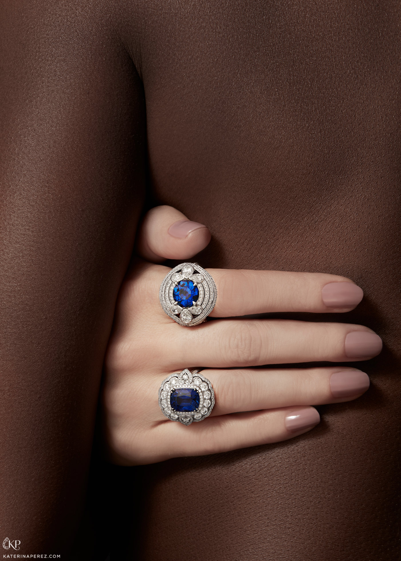 Garrard ‘Jewelled Vault’ ring with sapphire, and round and pear cut diamonds in 18k white gold Garrard ‘Jewelled Vault’ ring with 8.08ct cushion cut sapphire and diamonds in 18k white gold